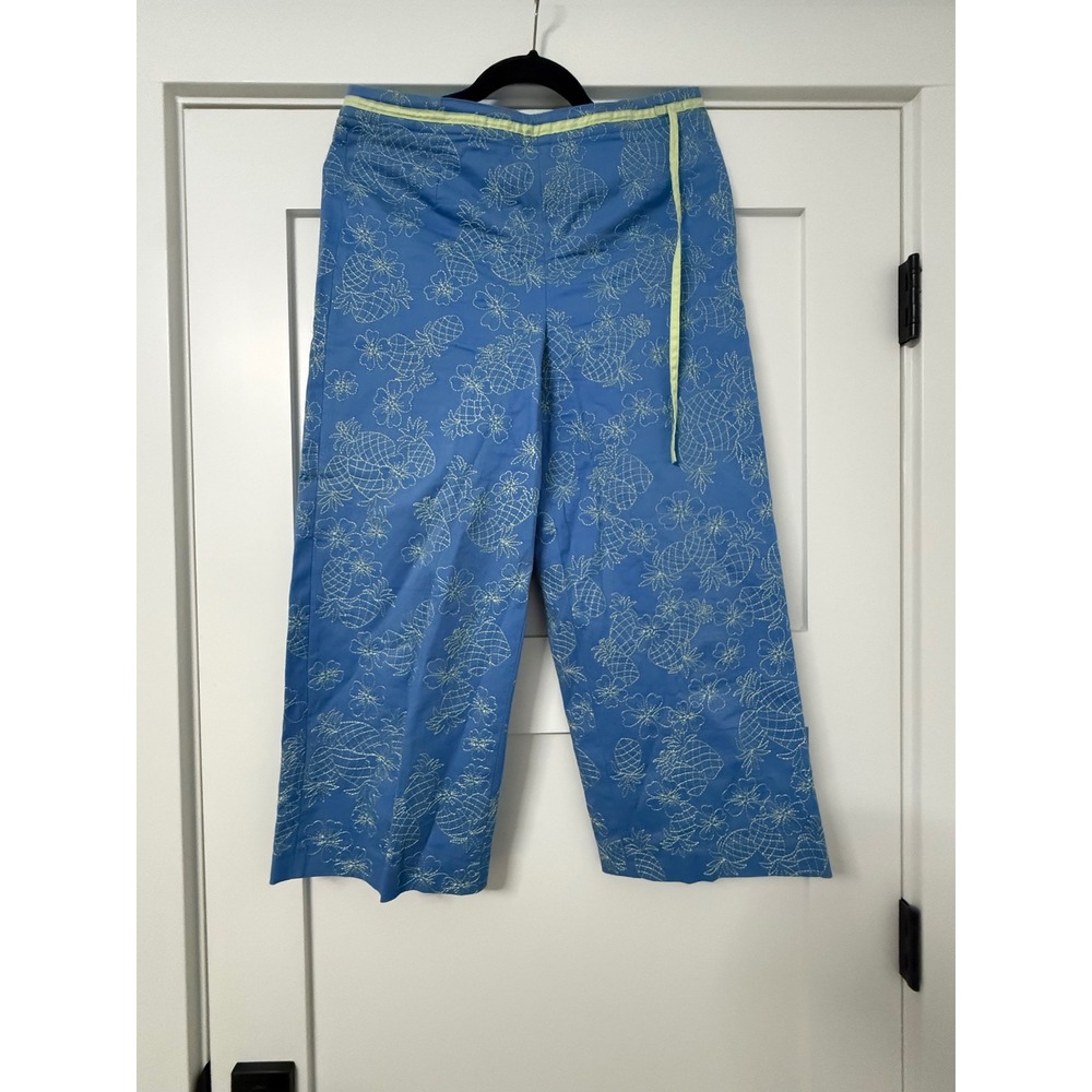 Talbots Blue Pineapple Embroidered Crop Pants Lime Green Floral Stretch Size 8